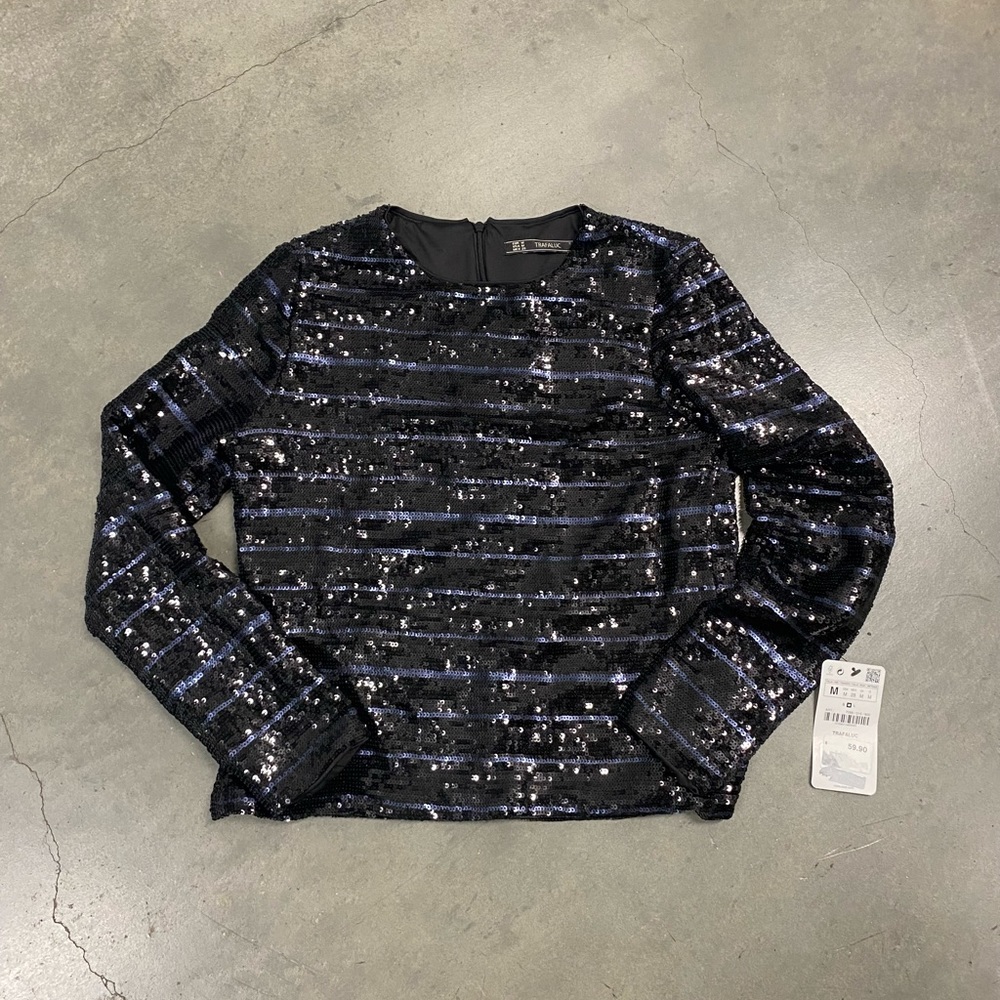 Zara Black Sequin Long sleeve top Brand NEW Medium